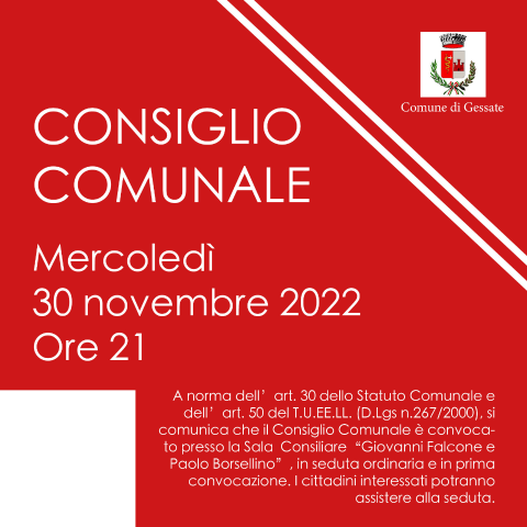 Convocazione Consiglio Comunale 30 novembre 2022 ore 21.00