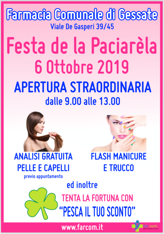 Farmacia Comunale apertura straordinaria in occasione della Sagra de la Paciarèla