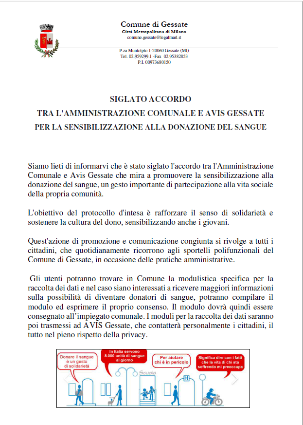 Siglato accordo tra l'Amministrazione Comunale e Avis Gessate per la sensibilizzazione alla donazione del sangue