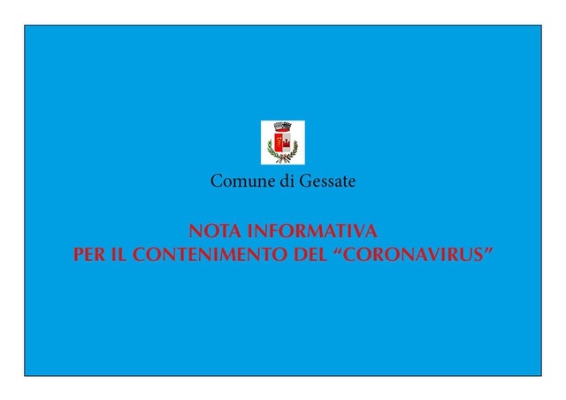 Nota informativa per il contenimento del "Coronavirus" sul Comune di Gessate - Comunicato n° 9