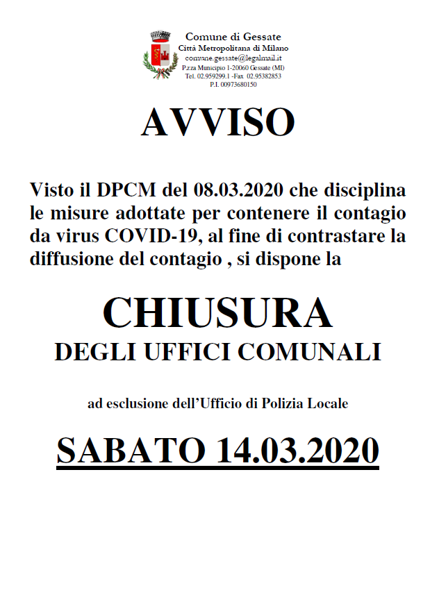 Chiusura Uffici Comunali sabato 14 marzo 