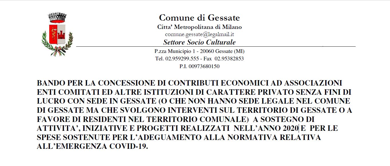 Bando per la concessione di contributi economici ad Associazioni, Enti,  Comitati ed altre Istituzioni di carattere privato senza fini di lucro con sede in Gessate 