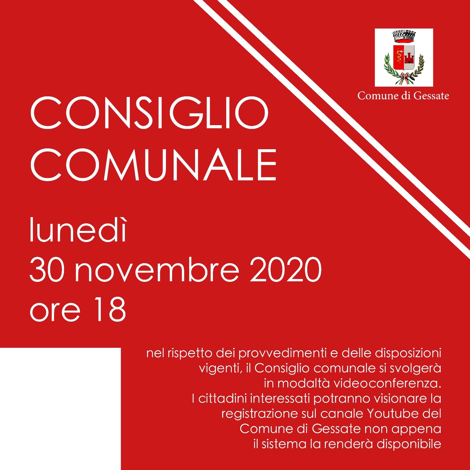 Consiglio Comunale lunedì 30 novembre 2020 alle ore 18.00 - Modalità videoconferenza 