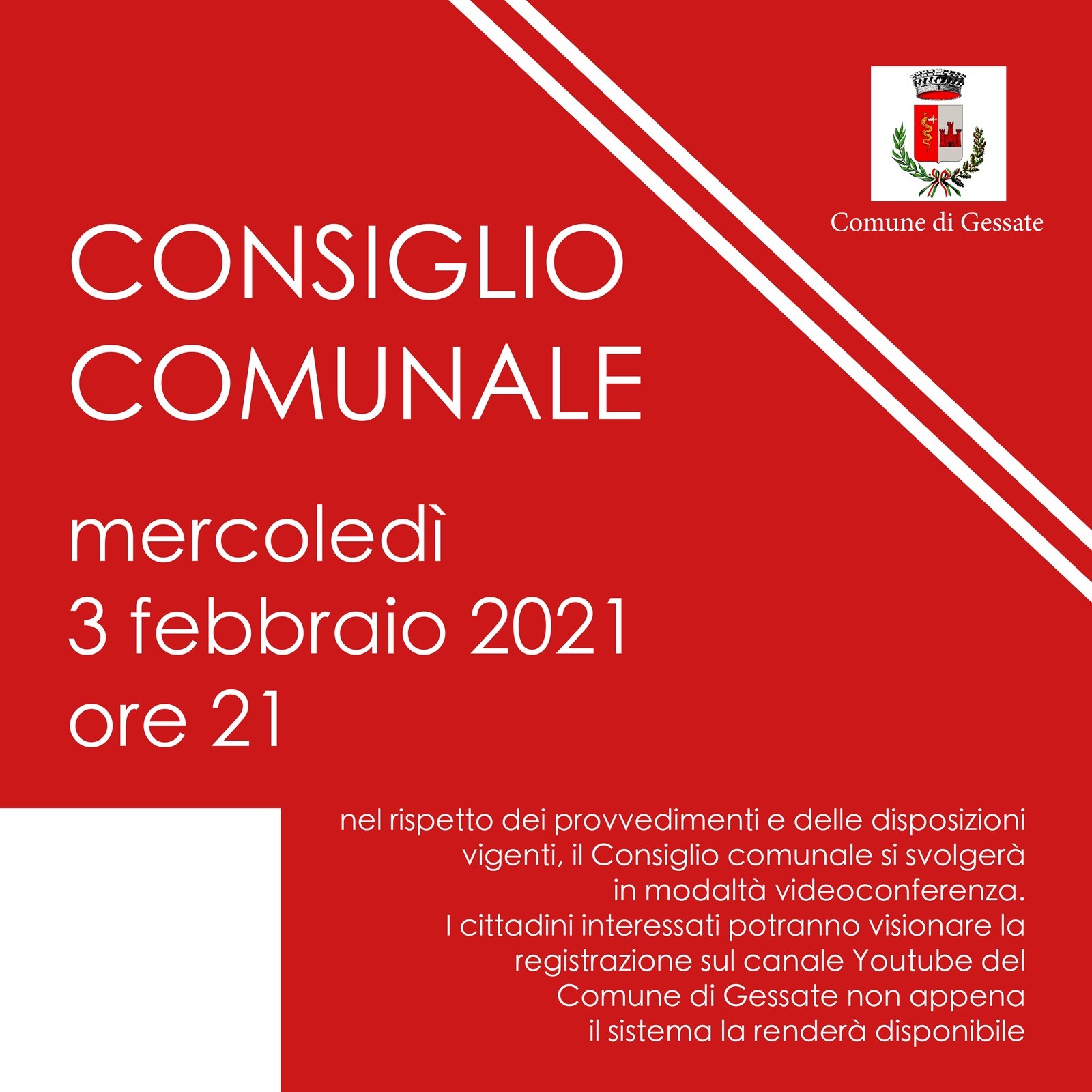 Consiglio Comunale mercoledì 3 febbraio 2021 alle ore 21.00 - Modalità videoconferenza