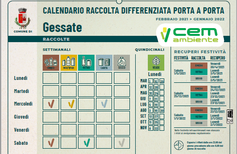 Nuovo calendario della raccolta domiciliare rifiuti per l'anno 2021
