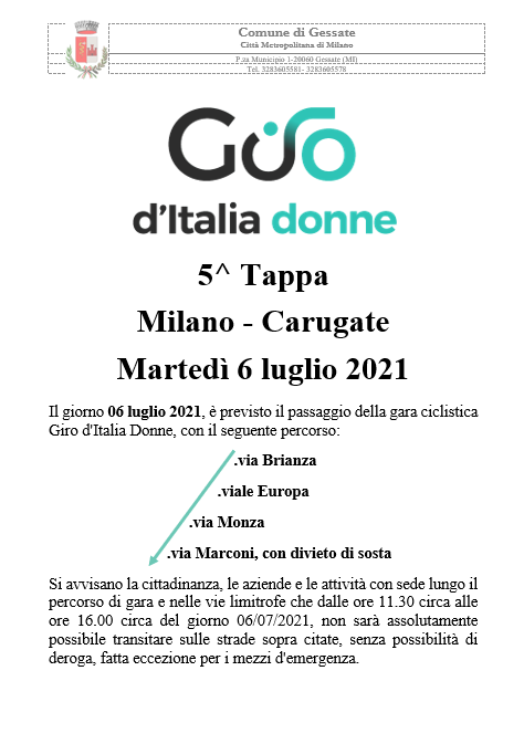 Giro d'Italia Donne 6 luglio 2021  - 5^ tappa Milano - Carugate - Indicazioni viabilistiche